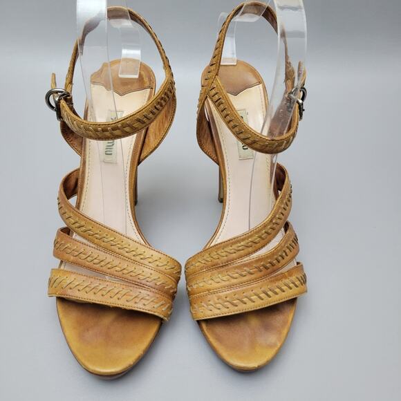 VTG Miu Miu Stilettos Leather Cognac Brown Open Toe Slingback Strappy Heels 10 - Picture 6 of 16